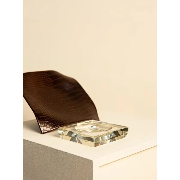 Ashtray in Crystal and Brown Italian Crocodile Leather 80's