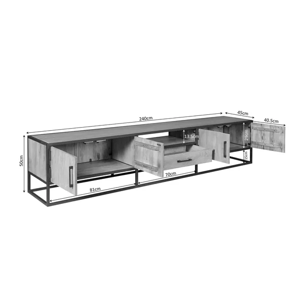 Banc TV 4 portes bois métal noir 240 cm RIVANO