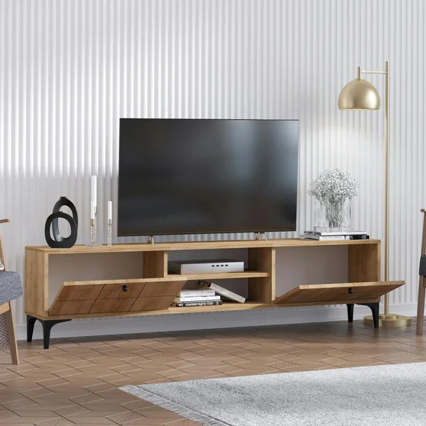 Banc TV avec rangement 2 portes décor bois motif damier UMEA