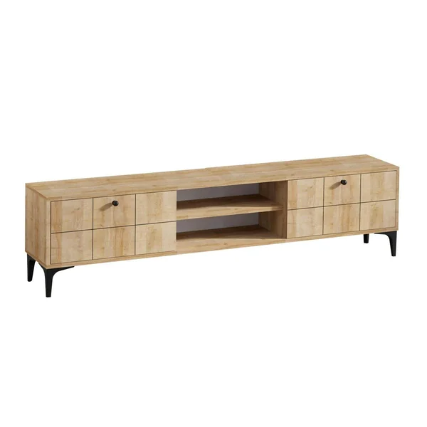 Banc TV avec rangement 2 portes décor bois motif damier UMEA