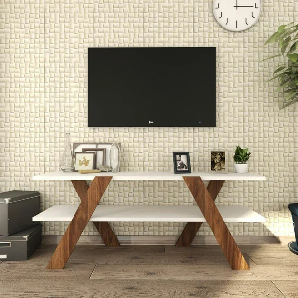 Banc TV blanc moderne avec pieds décor bois foncé MARFA