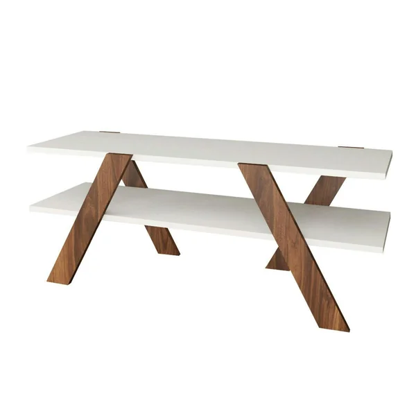 Banc TV blanc moderne avec pieds décor bois foncé MARFA