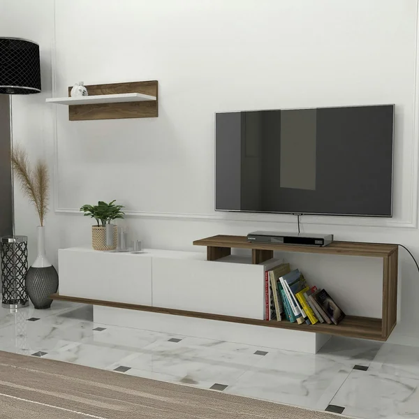 Banc TV design blanc & effet noyer avec étagère MARFA