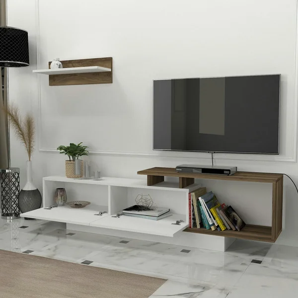 Banc TV design blanc & effet noyer avec étagère MARFA