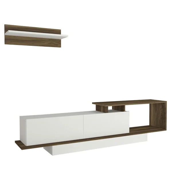 Banc TV design blanc & effet noyer avec étagère MARFA