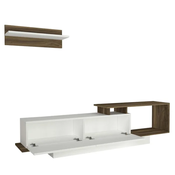 Banc TV design blanc & effet noyer avec étagère MARFA