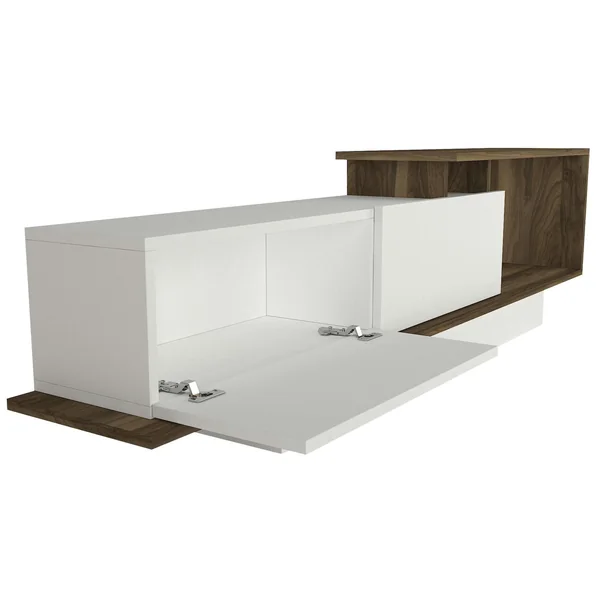 Banc TV design blanc & effet noyer avec étagère MARFA