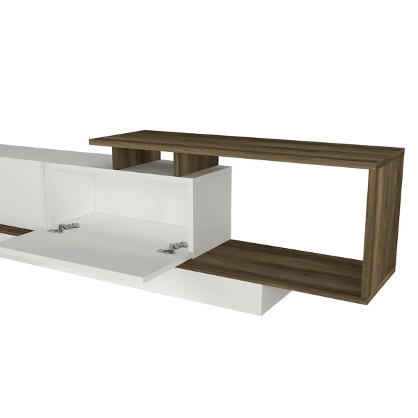 Banc TV design blanc & effet noyer avec étagère MARFA