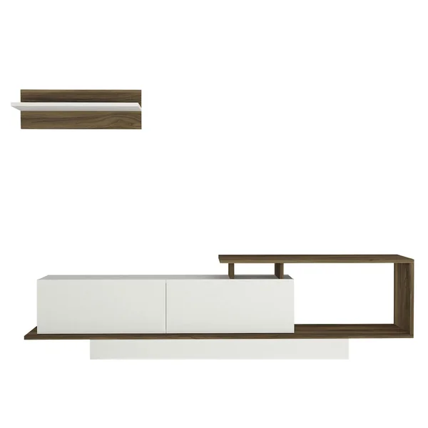 Banc TV design blanc & effet noyer avec étagère MARFA
