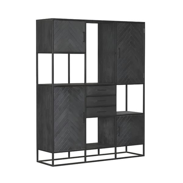 Bibliothèque étagère bois noir 4 portes motif chevron ALVERA