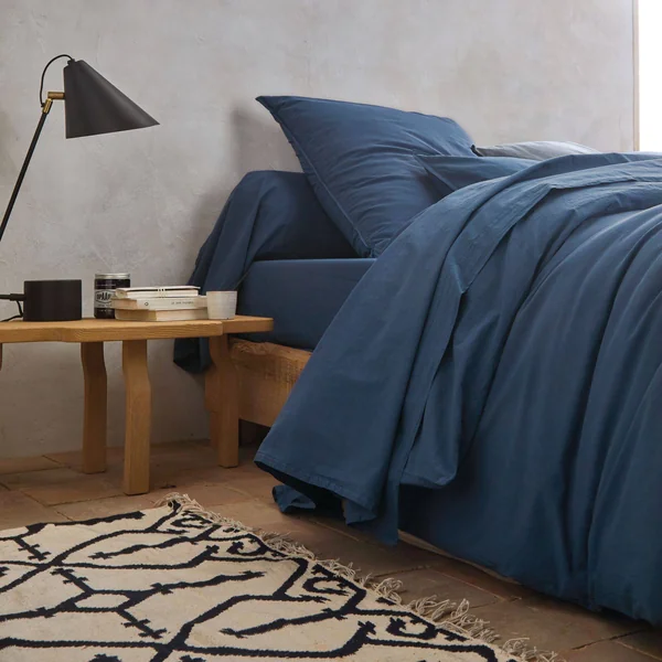 BLANC DES VOSGES Drap housse percale lavée Bohème - Indigo - 90 x 190 cm