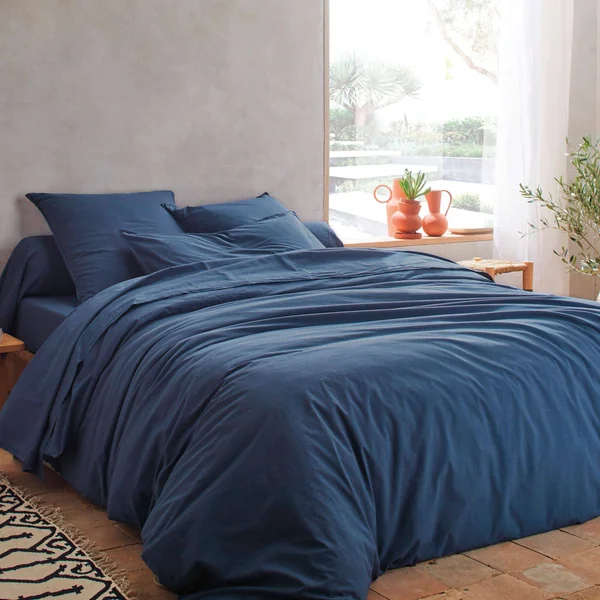 BLANC DES VOSGES Drap percale lavée Bohème - Indigo - 240 x 300 cm