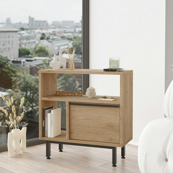 Bout de canapé moderne décor bois 2 niches 1 porte JENA