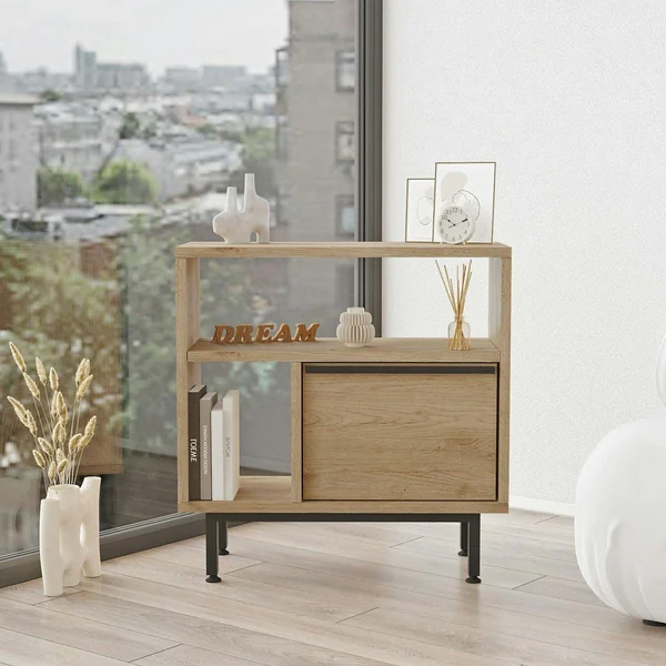 Bout de canapé moderne décor bois 2 niches 1 porte JENA