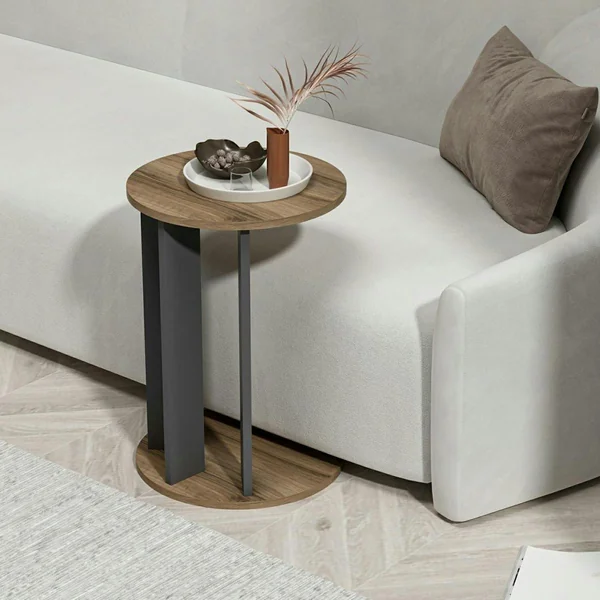 Bout de canapé rond décor bois foncé pied métal MARFA
