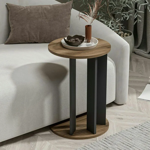 Bout de canapé rond décor bois foncé pied métal MARFA