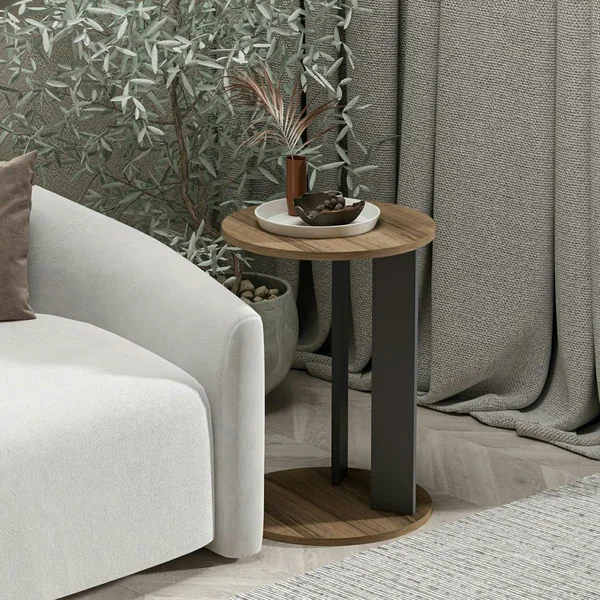 Bout de canapé rond décor bois foncé pied métal MARFA