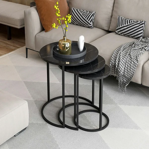 Bout de canapé rond effet marbre noir (lot de 3) JENA