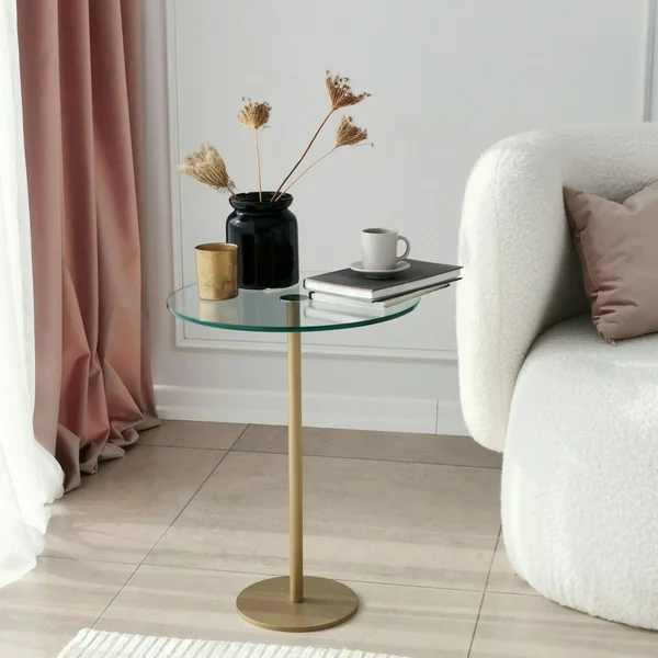 Bout de canapé rond en verre, pied métal doré Ø40 cm TULUM