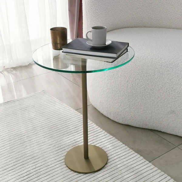 Bout de canapé rond en verre, pied métal doré Ø40 cm TULUM