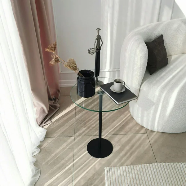 Bout de canapé rond en verre, pied métal noir Ø40 cm TULUM