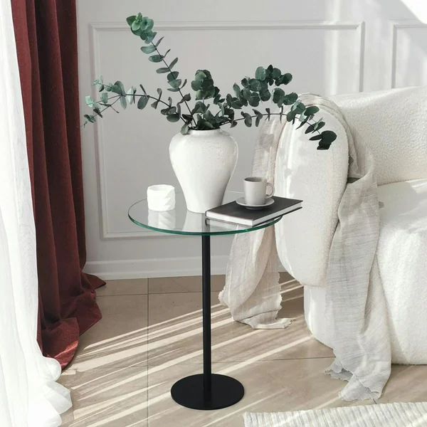 Bout de canapé rond en verre, pied métal noir Ø40 cm TULUM