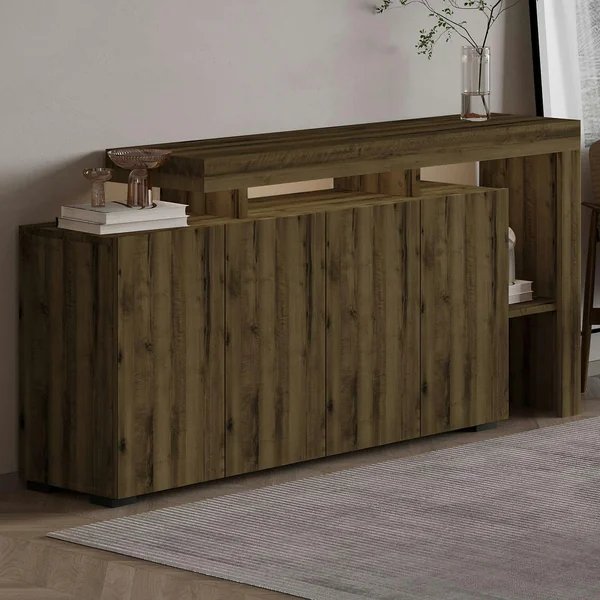 Buffet 4 portes décor noyer clair à cadre ouvert AURA