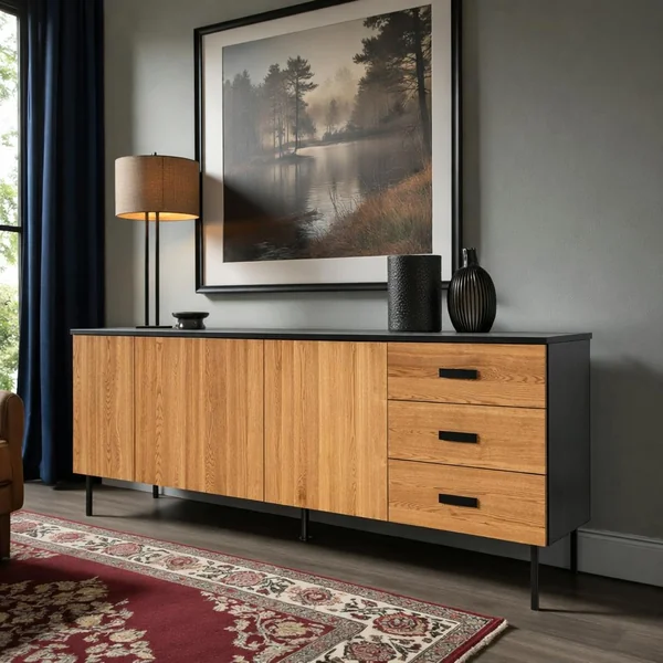 Buffet bas 3 portes en bois bicolore, façade ondulée TARAN