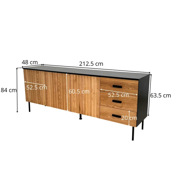 Buffet bas 3 portes en bois bicolore, façade ondulée TARAN