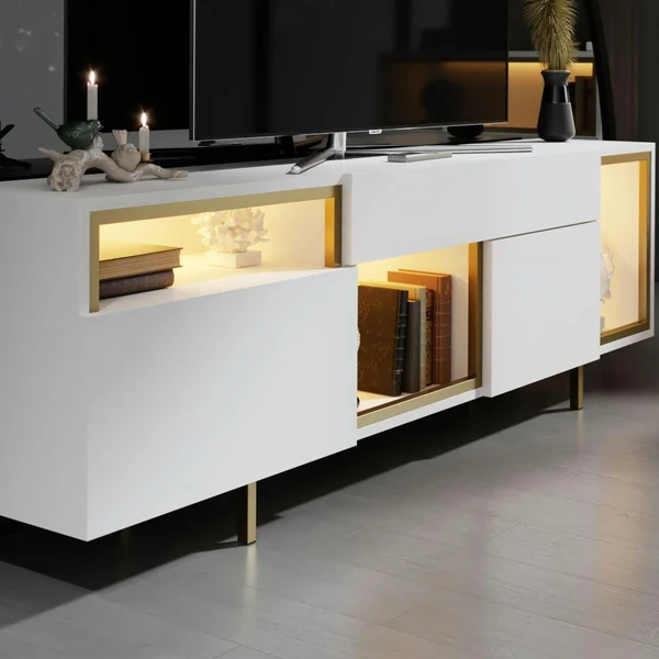 Buffet blanc et doré 2 portes 3 niches LED AURA