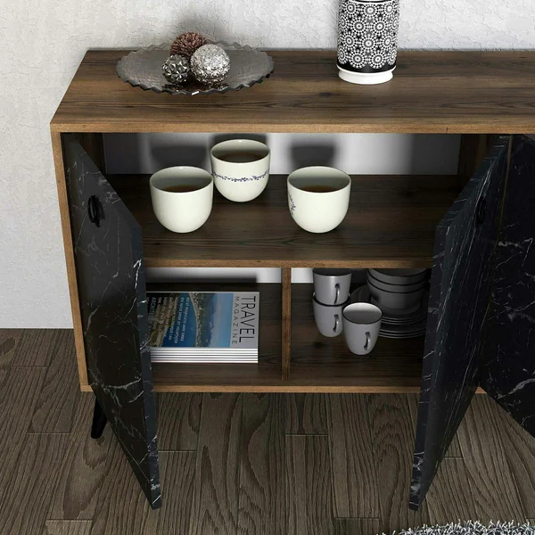 Buffet design moderne 4 portes, façade effet marbre noir UMEA