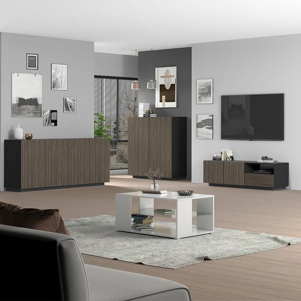 Buffet haut moderne 220 cm anthracite mat/chêne foncé Costarica