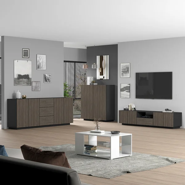 Buffet haut moderne 220 cm anthracite mat/chêne foncé Costarica