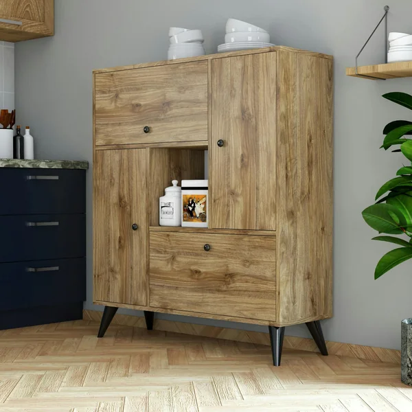 Buffet haut moderne 4 portes niche centrale, effet noyer JENA