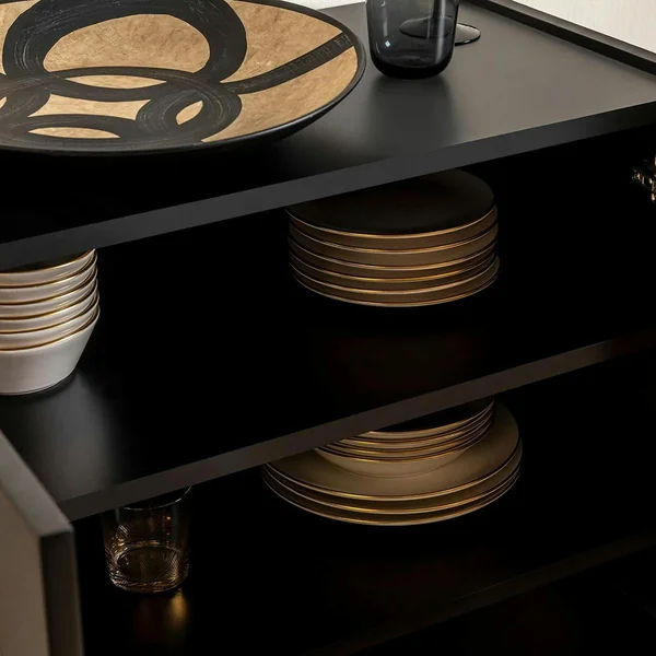 Buffet haut noir 2 portes à cannage organique VAREN