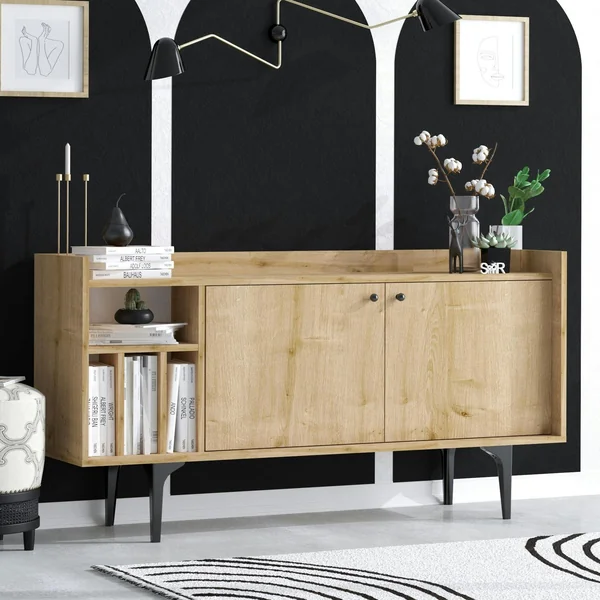 Buffet moderne 2 portes avec niches rangement - effet chêne JENA