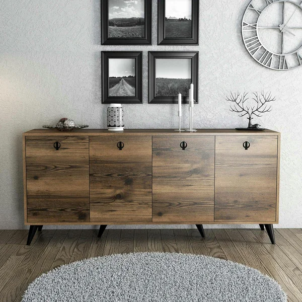 Buffet moderne 4 portes effet noyer, poignées à anneaux UMEA