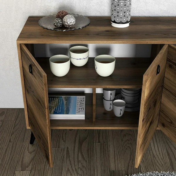 Buffet moderne 4 portes effet noyer, poignées à anneaux UMEA
