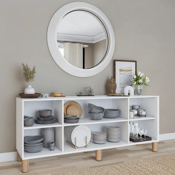 Buffet salle à manger blanc moderne, 4 portes cannage VAREN
