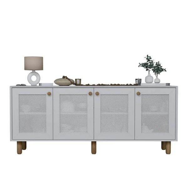Buffet salle à manger blanc moderne, 4 portes cannage VAREN