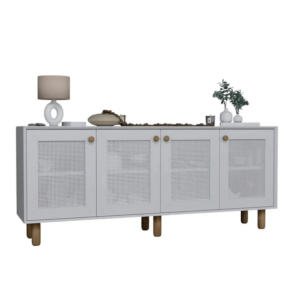 Buffet salle à manger blanc moderne, 4 portes cannage VAREN