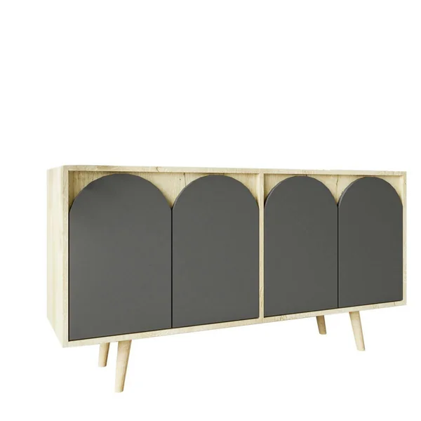 Buffet salle à manger effet bois 4 portes courbes grises VAREN