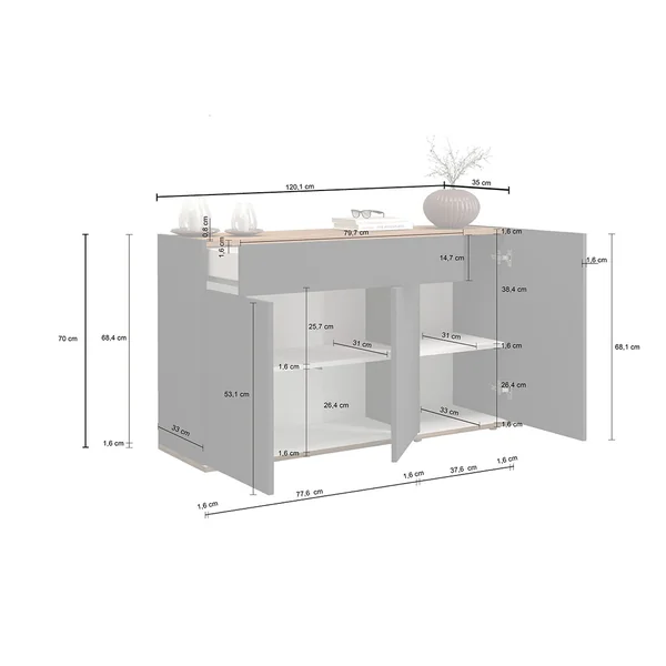 Buffet/bahut moderne 120 cm taupe/chêne wotan Grana