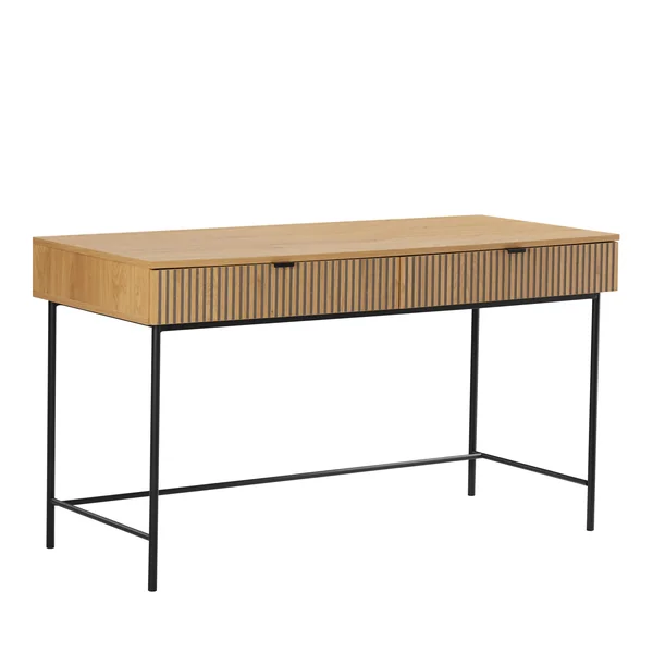Bureau 2 tiroirs décor effet bois rainuré noir et naturel OLETTA