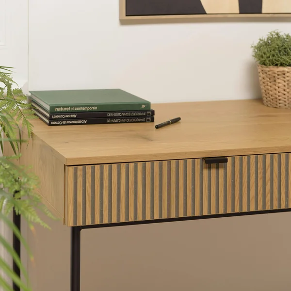 Bureau 2 tiroirs décor effet bois rainuré noir et naturel OLETTA