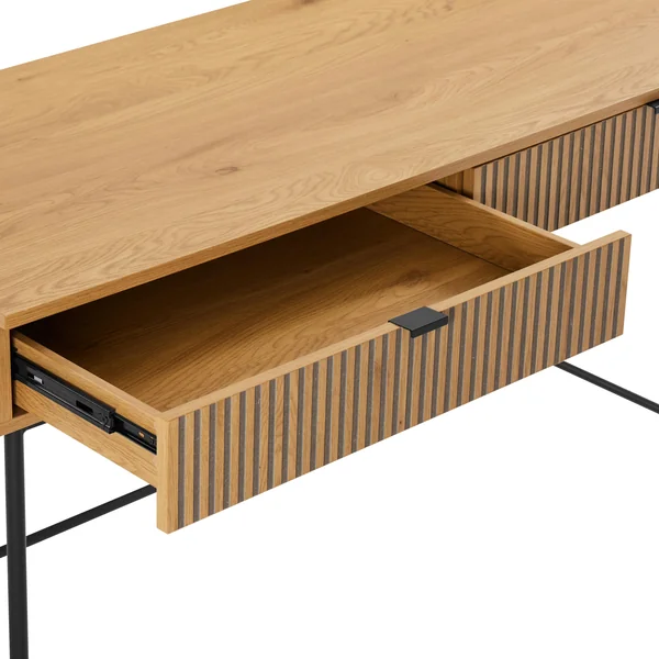 Bureau 2 tiroirs décor effet bois rainuré noir et naturel OLETTA