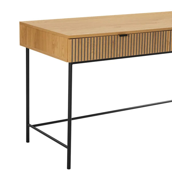 Bureau 2 tiroirs décor effet bois rainuré noir et naturel OLETTA