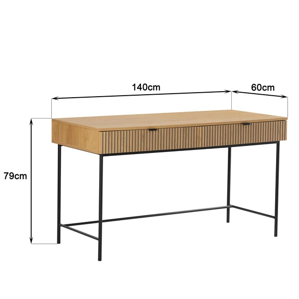 Bureau 2 tiroirs décor effet bois rainuré noir et naturel OLETTA
