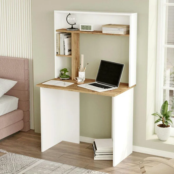 Bureau ado blanc décor bois avec rangement haut MARFA