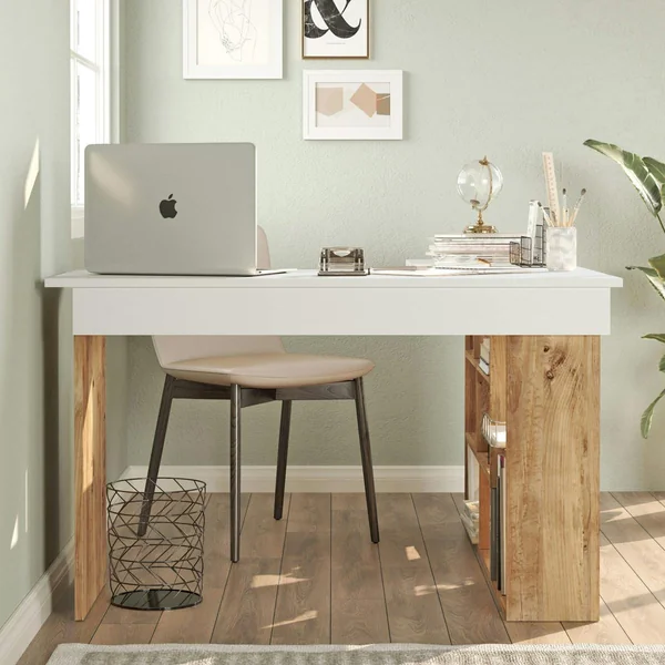 Bureau d'angle blanc décor bois à niches de rangement MARFA